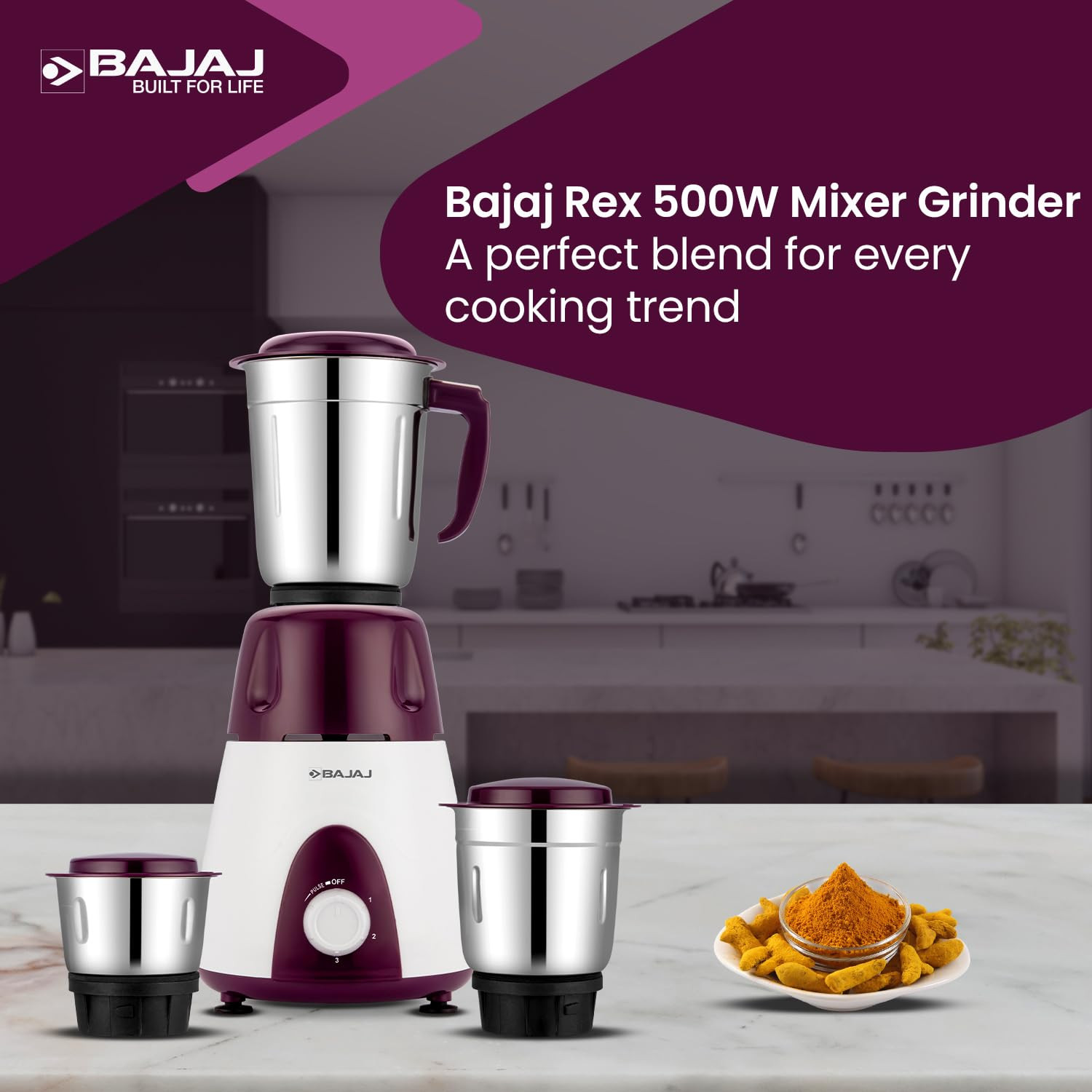 Bajaj Rex Mixer Grinder 500WMixie For Kitchen With Nutri-Pro Features3 SS Mixer Jars For Heavy Duty GrindingAdjustable Speed ControlMultifunctional Blade System2 Year Warranty By BajajPurple