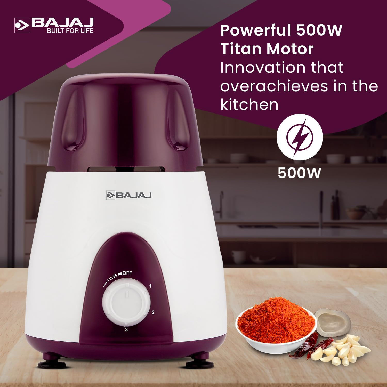 Bajaj Rex Mixer Grinder 500WMixie For Kitchen With Nutri-Pro Features3 SS Mixer Jars For Heavy Duty GrindingAdjustable Speed ControlMultifunctional Blade System2 Year Warranty By BajajPurple