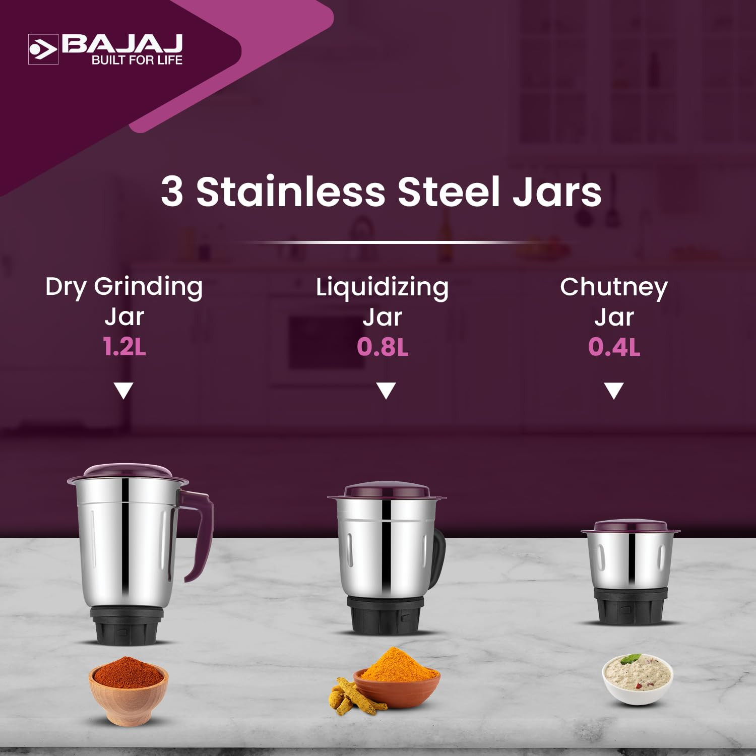 Bajaj Rex Mixer Grinder 500WMixie For Kitchen With Nutri-Pro Features3 SS Mixer Jars For Heavy Duty GrindingAdjustable Speed ControlMultifunctional Blade System2 Year Warranty By BajajPurple