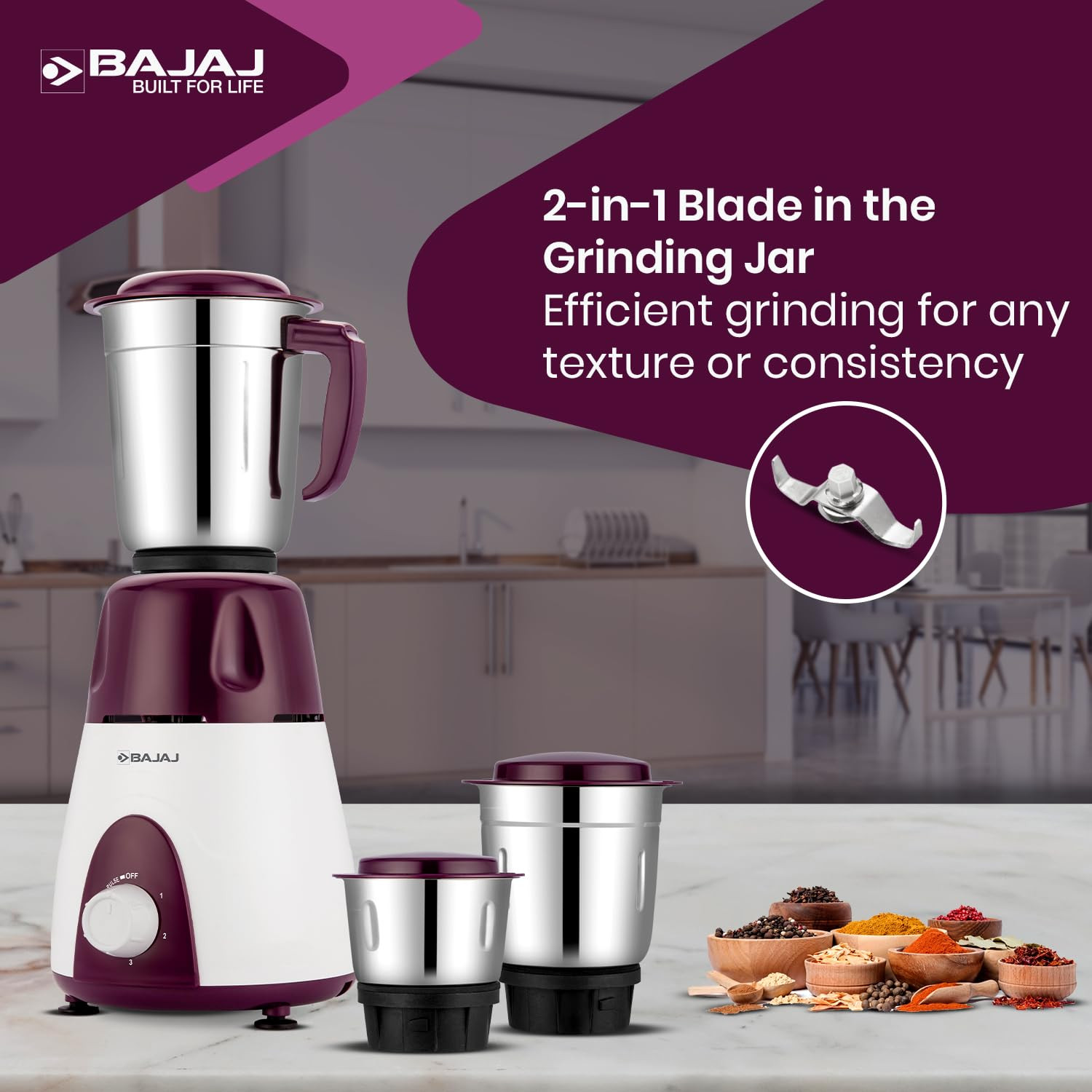 Bajaj Rex Mixer Grinder 500WMixie For Kitchen With Nutri-Pro Features3 SS Mixer Jars For Heavy Duty GrindingAdjustable Speed ControlMultifunctional Blade System2 Year Warranty By BajajPurple