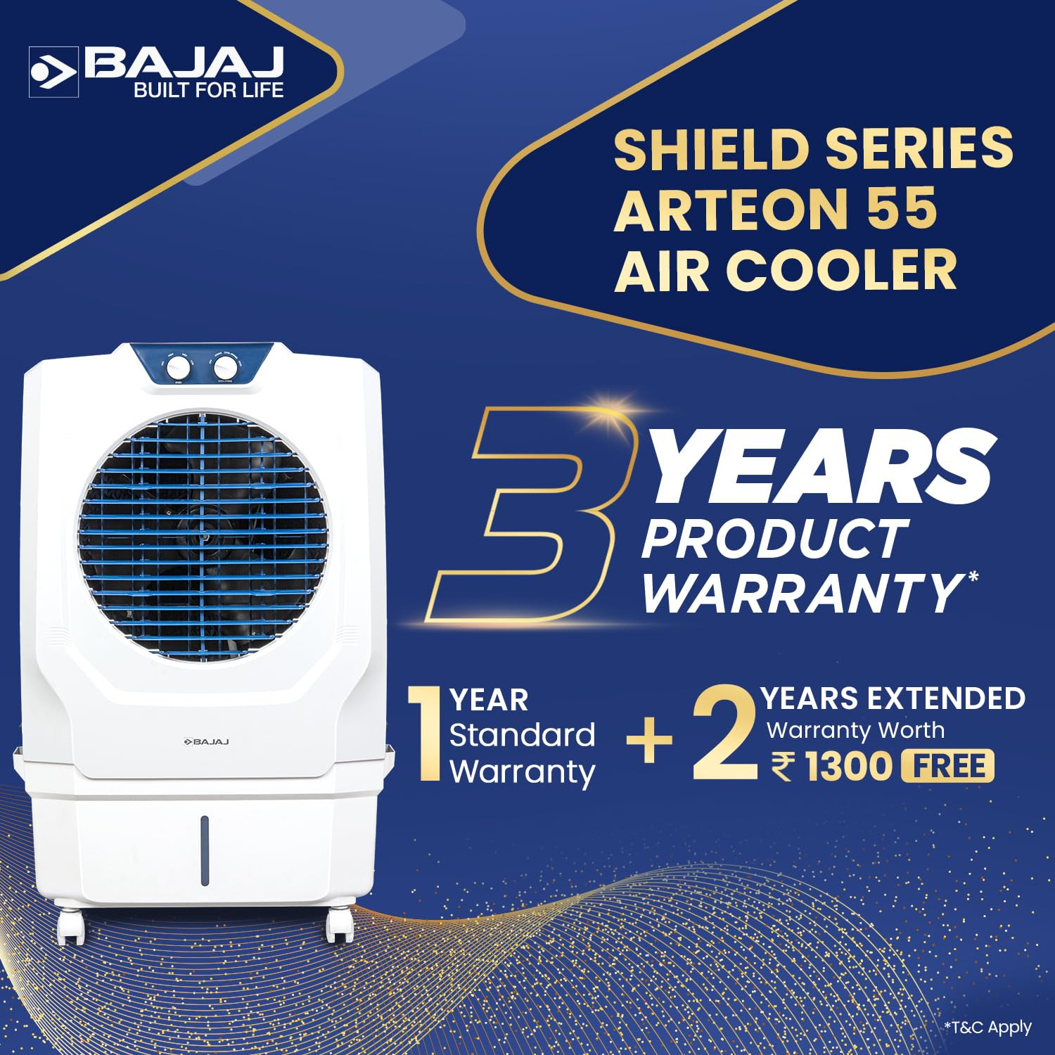 Bajaj Shield Series Arteon 55L Desert Air Cooler for HomeDual Side Water InletInverter ReadyAnti-Bacterial Honeycomb Pads60Ft Air ThrowIce Chamber3-Yr Product 3-Yr Pump 1-Yr Motor WarrantyWhite