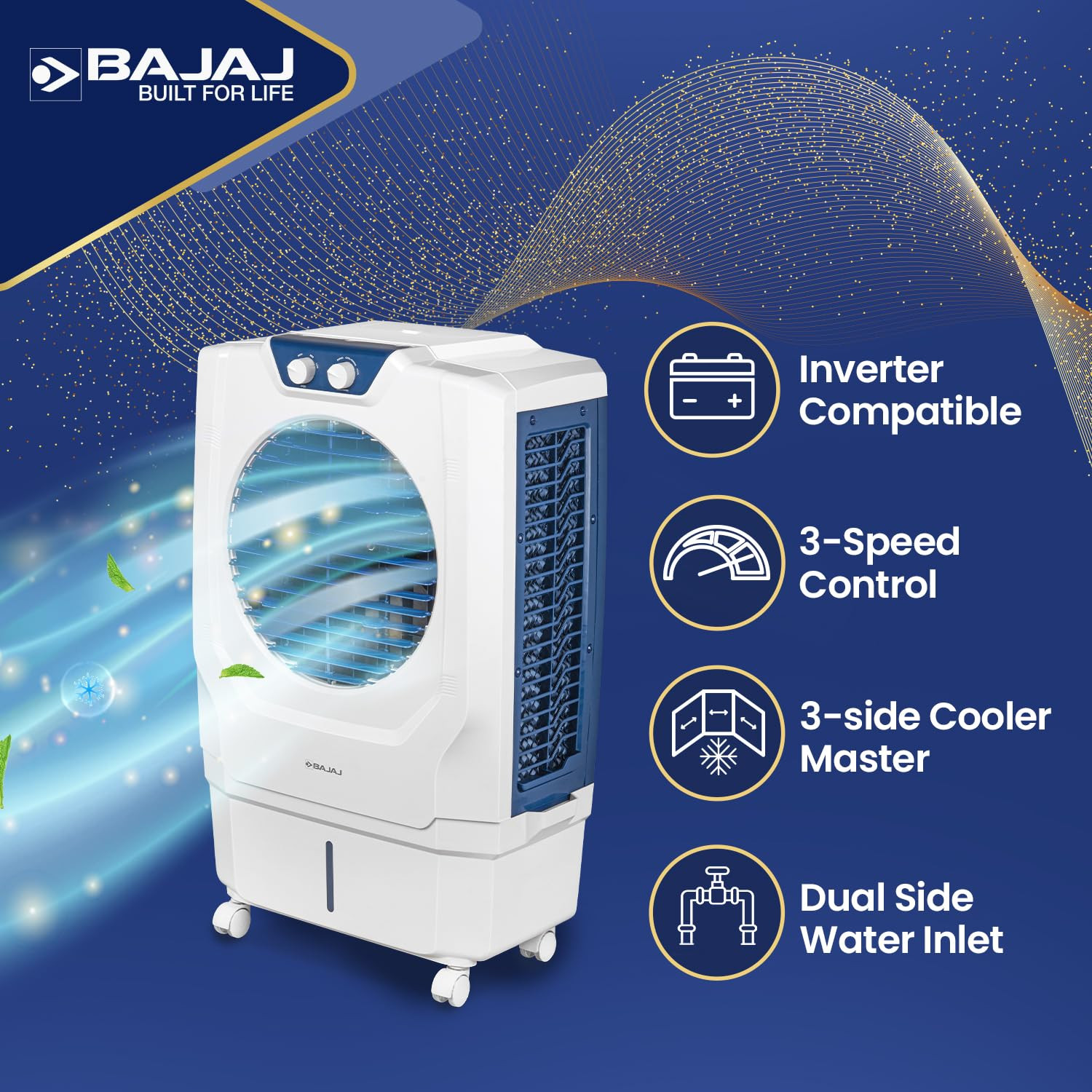 Bajaj Shield Series Arteon 55L Desert Air Cooler for HomeDual Side Water InletInverter ReadyAnti-Bacterial Honeycomb Pads60Ft Air ThrowIce Chamber3-Yr Product 3-Yr Pump 1-Yr Motor WarrantyWhite