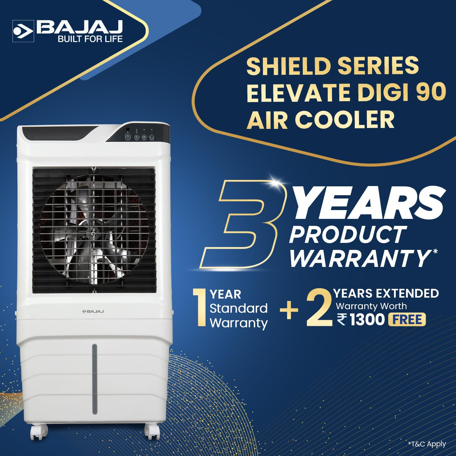 Bajaj Shield Series Elevate 90 Digi Air Cooler  Duratuff Pro Motor  Duramarine Pro Pump  3-Yr Warranty  Anti-Bacterial Hexacool Master  3-Speed Control  White