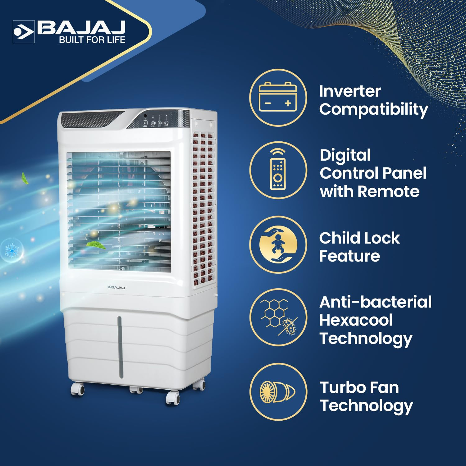 Bajaj Shield Series Elevate 90 Digi Air Cooler  Duratuff Pro Motor  Duramarine Pro Pump  3-Yr Warranty  Anti-Bacterial Hexacool Master  3-Speed Control  White