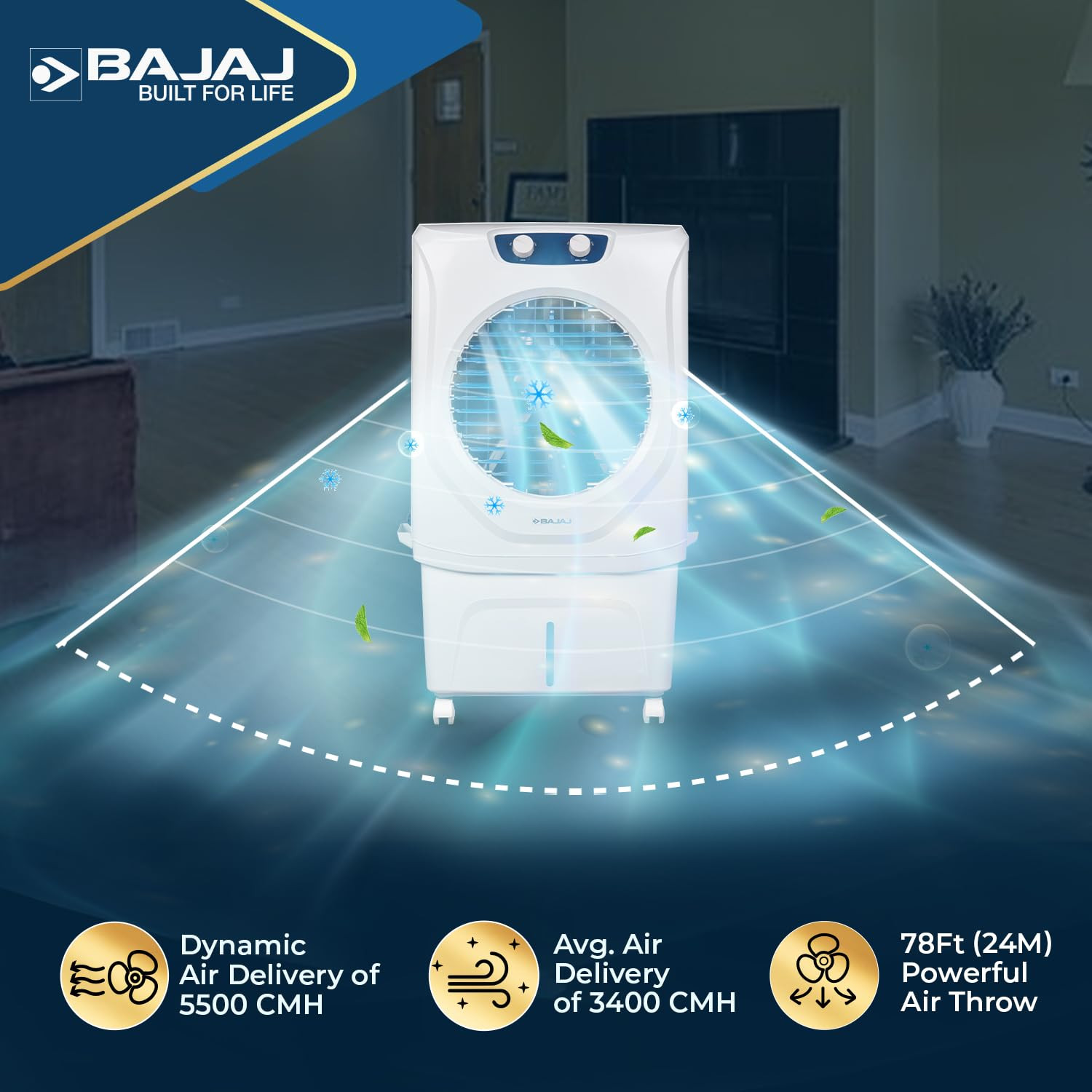 Bajaj Shield Series Velar Desert Air Cooler DuraTuff Motor DuraMarine Pump Inverter Compatible Anti-Bacterial Hexacool 70L Air Cooler Cooling for Large Rooms White Desert Cooler