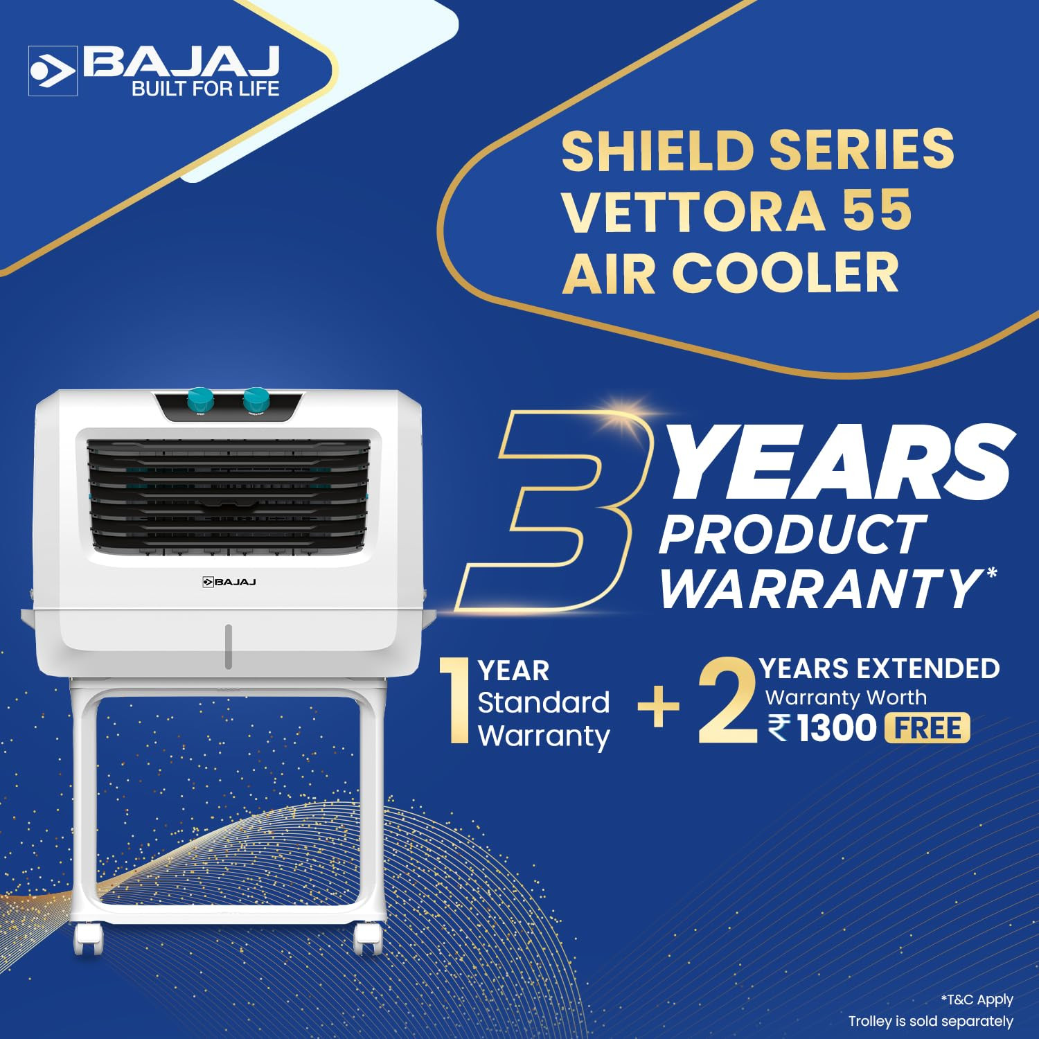 Bajaj Shield Series Vettora 55L Desert Cooler for HomeHoneycomb Cooling PadsInverter CompatibilityDual Side Water InletIce Chamber60-Ft Air Throw3-Yr Product 3-Yr Pump 3-Yr Motor WarrantyWhite