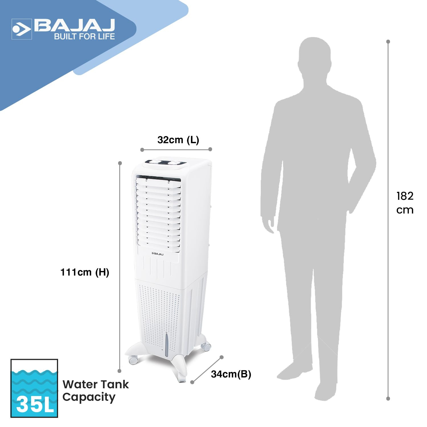 Bajaj TMH35 35L Tower Air Cooler with DuraMarine Pump 2-Yr Warranty by Bajaj Ice Chamber Anti-Bacterial Hexacool Master Typhoon Blower Technology Portable AC White Air Cooler for Home