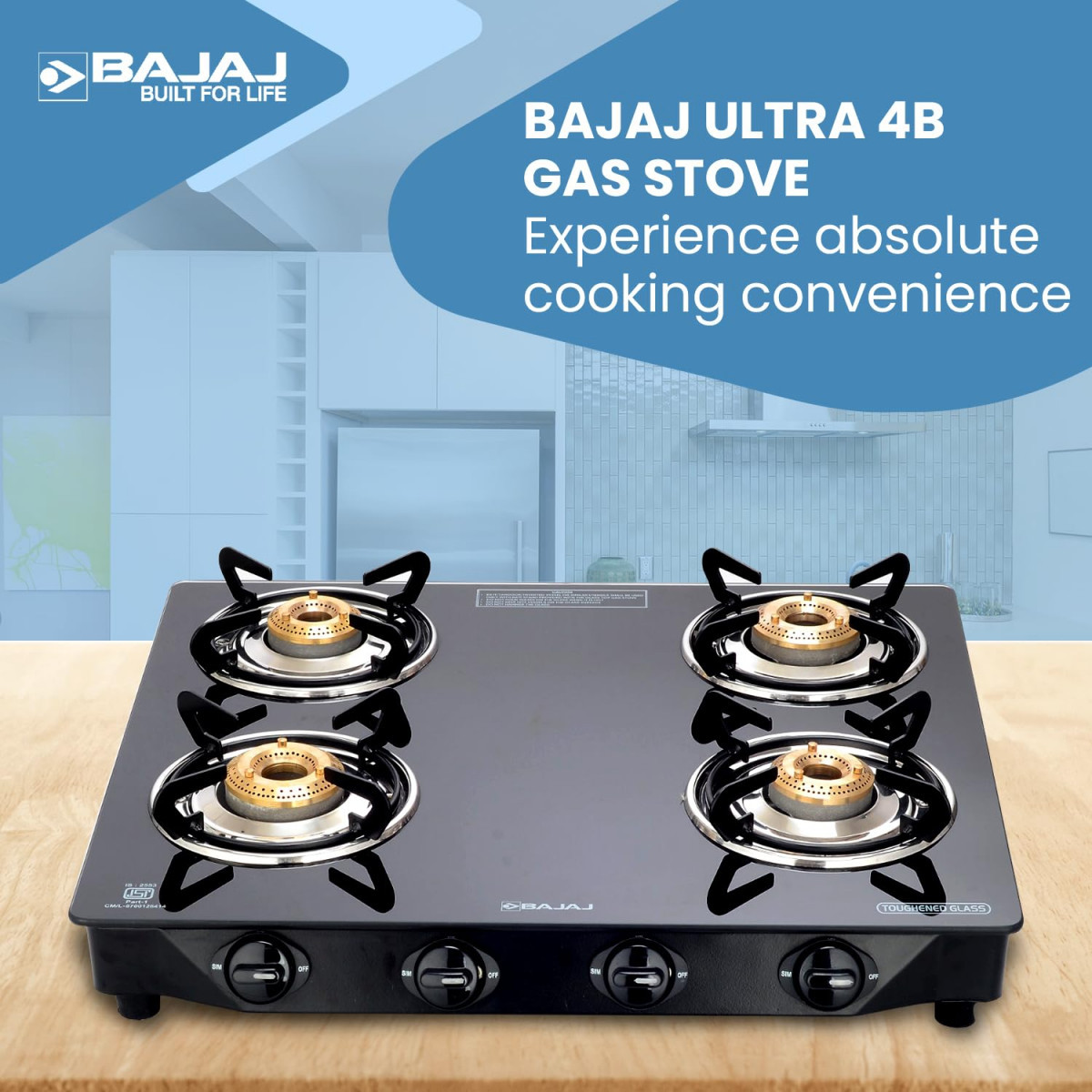 Bajaj Ultra 4 Burner Gas Stove  6mm Toughened Glass top with Charcoal Finish Powder Coasted Frame  4 Brass Burners  1-Yr Warranty  by Bajaj  Black