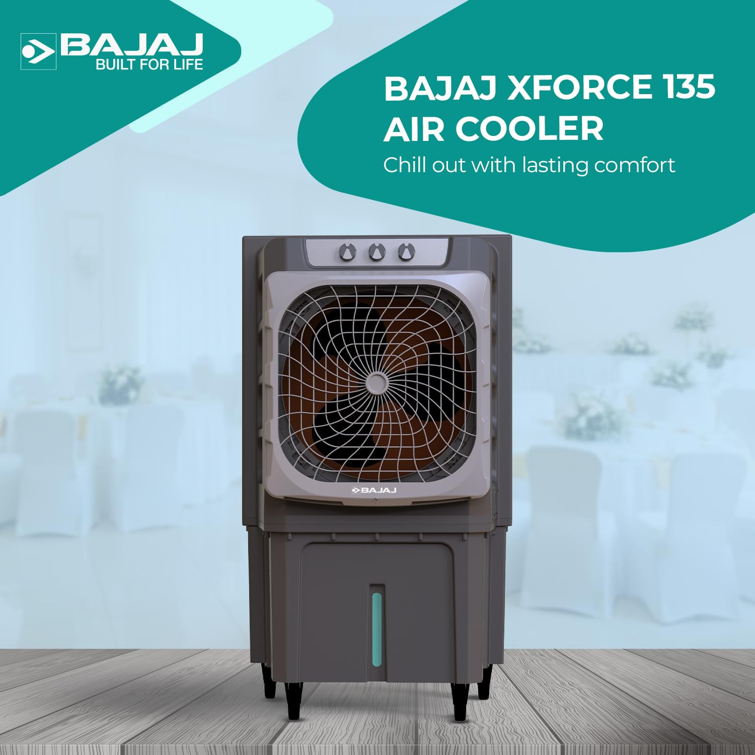 Bajaj XForce 135L Semi-Commercial Desert Air Cooler For HomeHoneycomb Cooling Pads 80mm thicknessAluminium Fan Blade100Ft Air throw3-Speed Control3-Yr Product 2-Yr Pump 1-Yr Motor WarrantyGrey