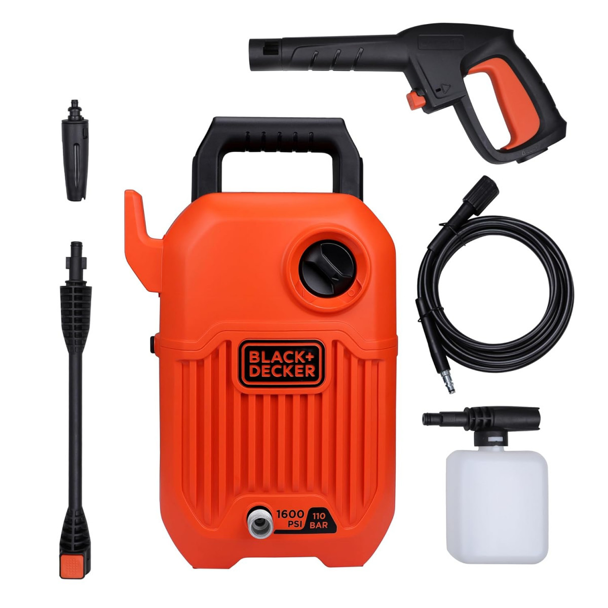 BLACKDECKER BEPW1600 1300W 1600 PSI 110 Bar Pressure Washer for Car Bike Home  Garden Cleaning Use with Multiple Accessories Included 1 Year Warranty Orange  Black