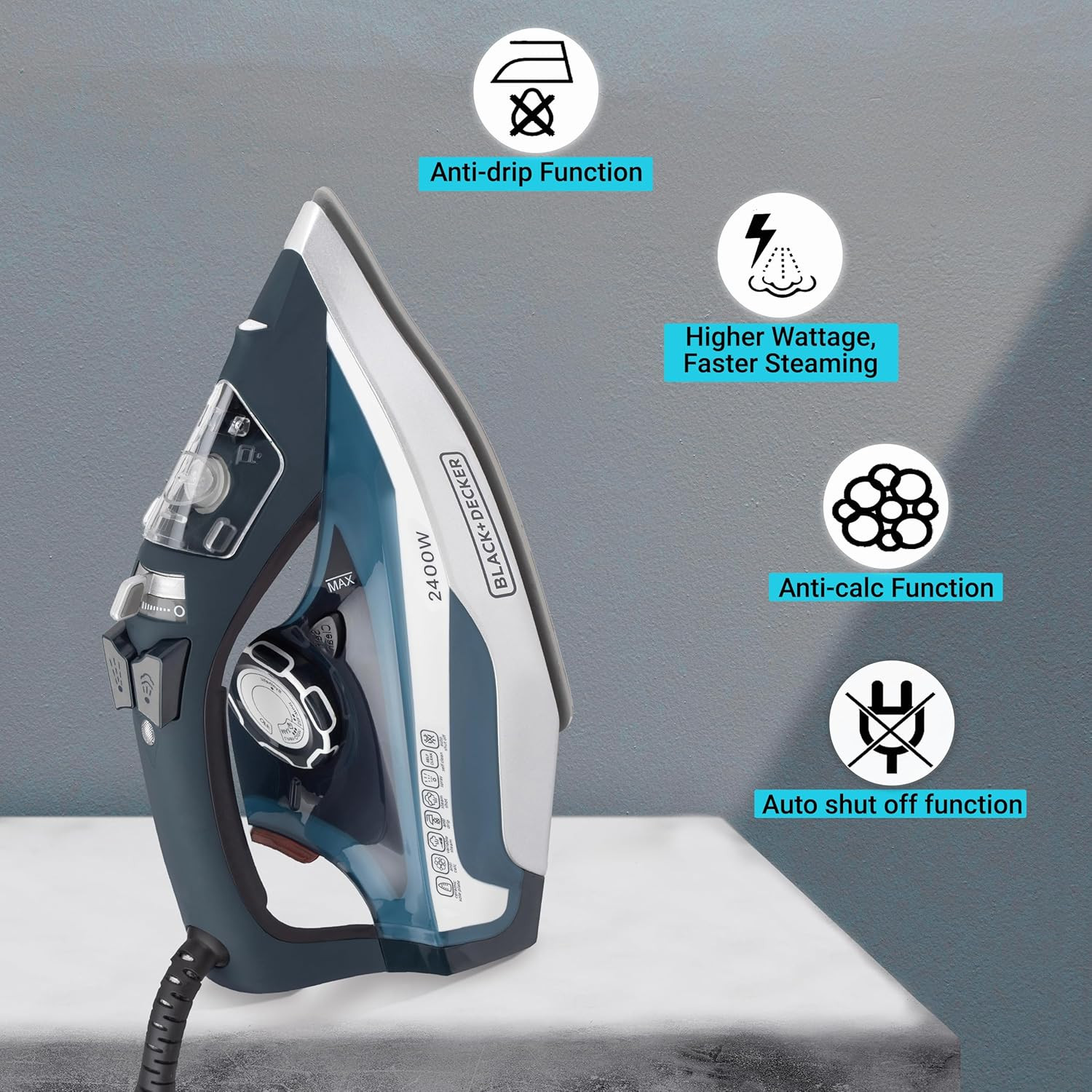 BlackDecker BXIR2401IN 2400-Watt 2Steam Iron Press with Auto Shut Off  Non-Stick Ceramic Sole Plate Coating  Anti-Drip Feature with 380 ml water tank  Steam Output of 35gmmin  2 year warranty Blue