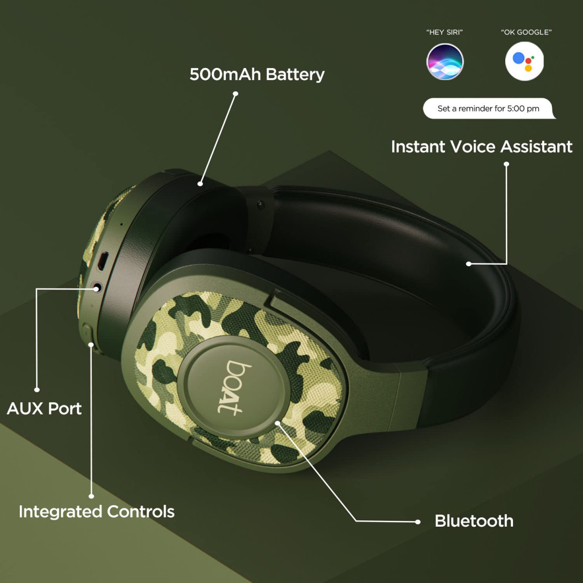 boAt Rockerz 550 Over Ear Bluetooth Headphones with Upto 20 Hours Playback Army Green