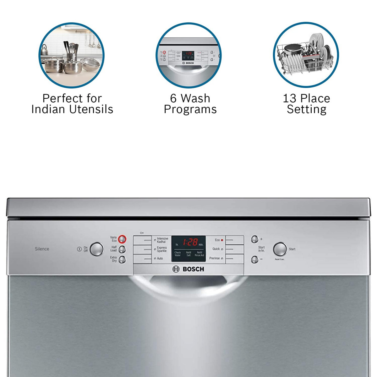 Bosch 13 Place Settings Free Standing Dishwasher SMS66GI01I Silver Inox extra dry and hygienic wash
