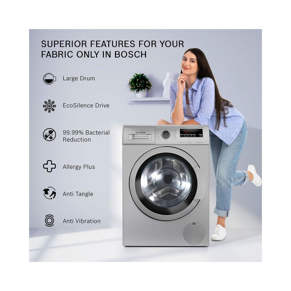 Bosch 8 kg 5 Star Fully-Automatic Front Loading Washing Machine WAJ28262IN Silver AI active water plus In-Built HeaterMidea 7 Kg Fully Automatic Top Load Washing Machine MA100W70G-IN Grey
