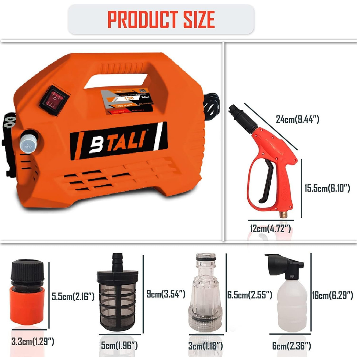 BTALI High Pressure Washer 1600 Watt 130 Bar with Hydraulic Outlet Hose and Heavy Gun Pressure Washer