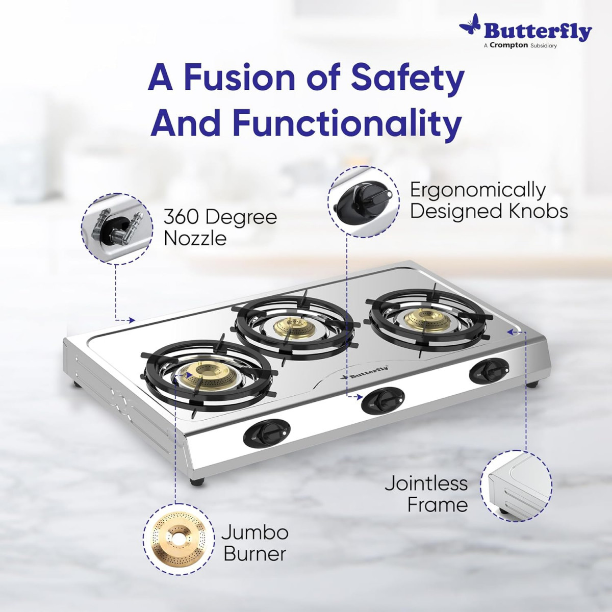 Butterfly Bolt Shakti 3B Stainless Steel Lpg Gas Stove  Saves 1 Gas Cylinder  Indias First Bee 2 Star Rated Gas Stove  Jumbo Burner  High Thermal Efficiency - Open