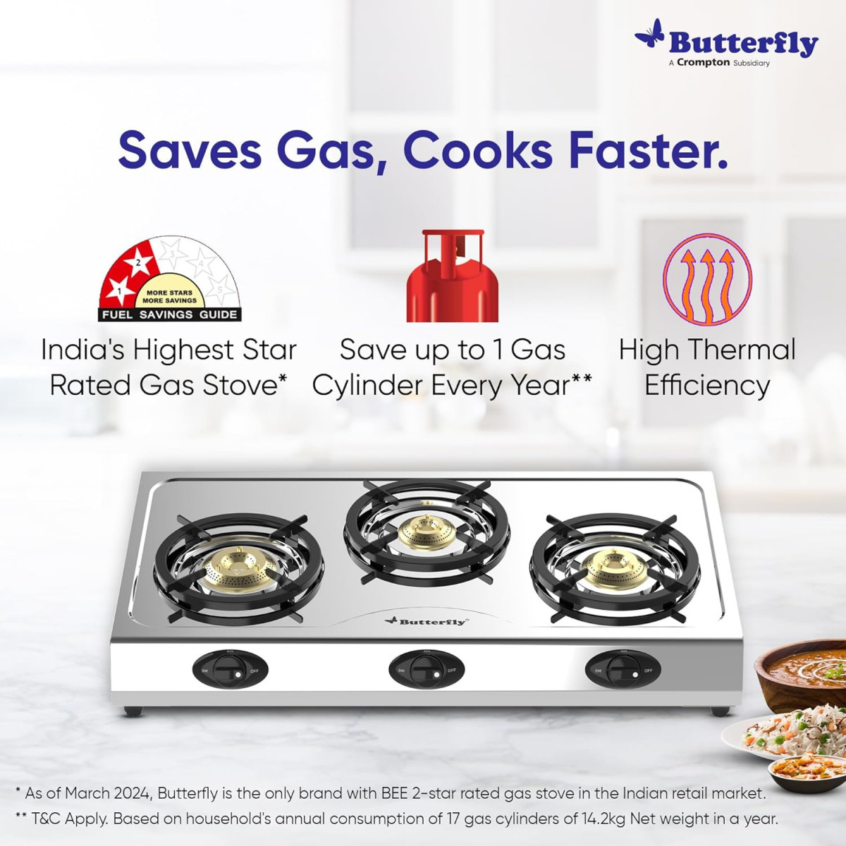 Butterfly Bolt Shakti 3B Stainless Steel Lpg Gas Stove  Saves 1 Gas Cylinder  Indias First Bee 2 Star Rated Gas Stove  Jumbo Burner  High Thermal Efficiency - Open