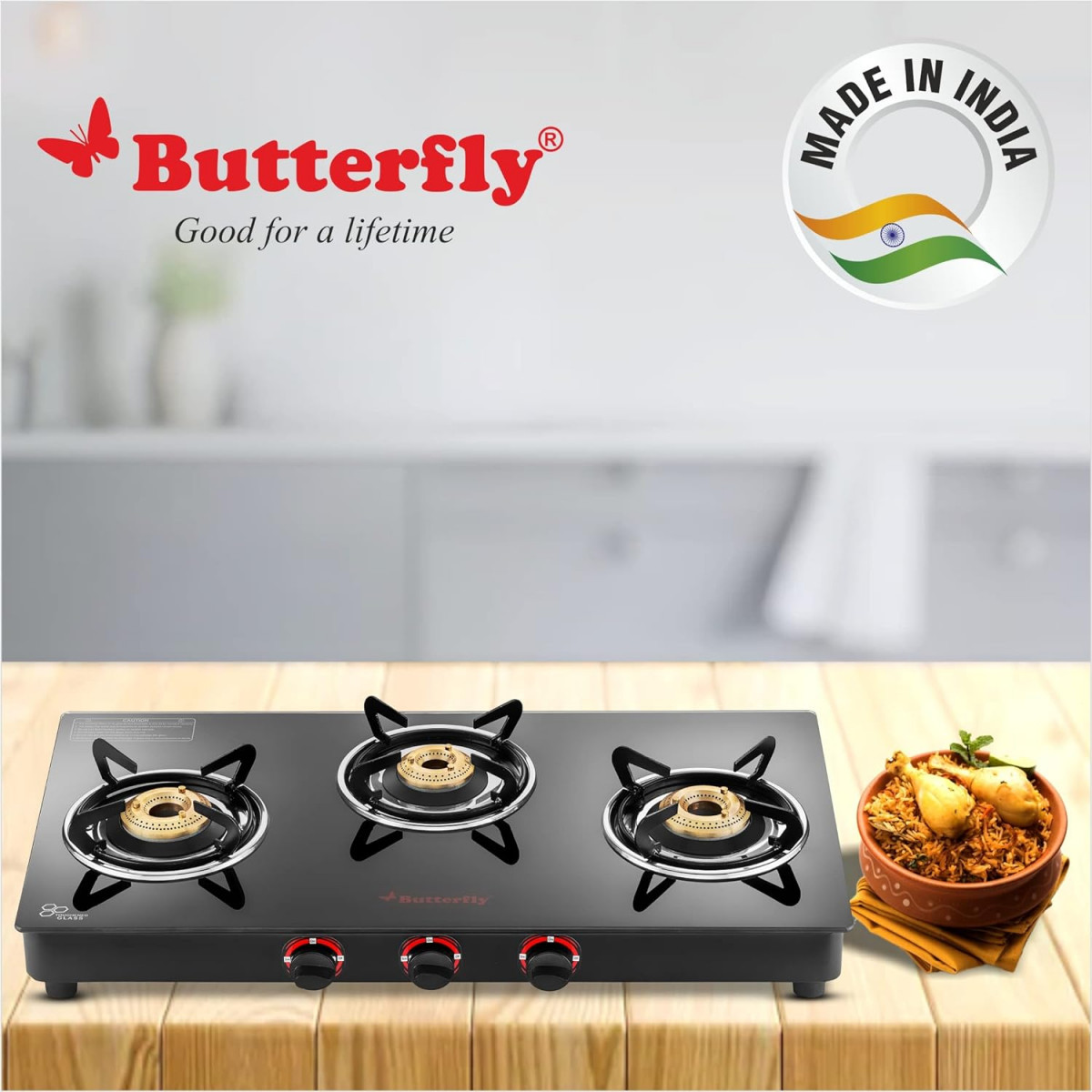 Butterfly Rapid 3B Auto Ignition LPG Glass Top Stove 3 Burners Black