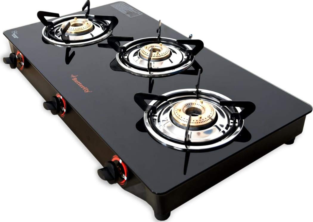 Butterfly Smart Glass 3 Burner Gas Stove Black Manual Ignition