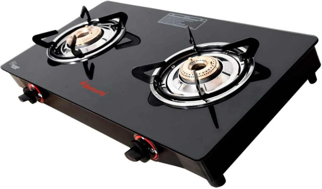 Butterfly Smart Glass Top 2 Burner Open Gas Stove Black Manual Ignition