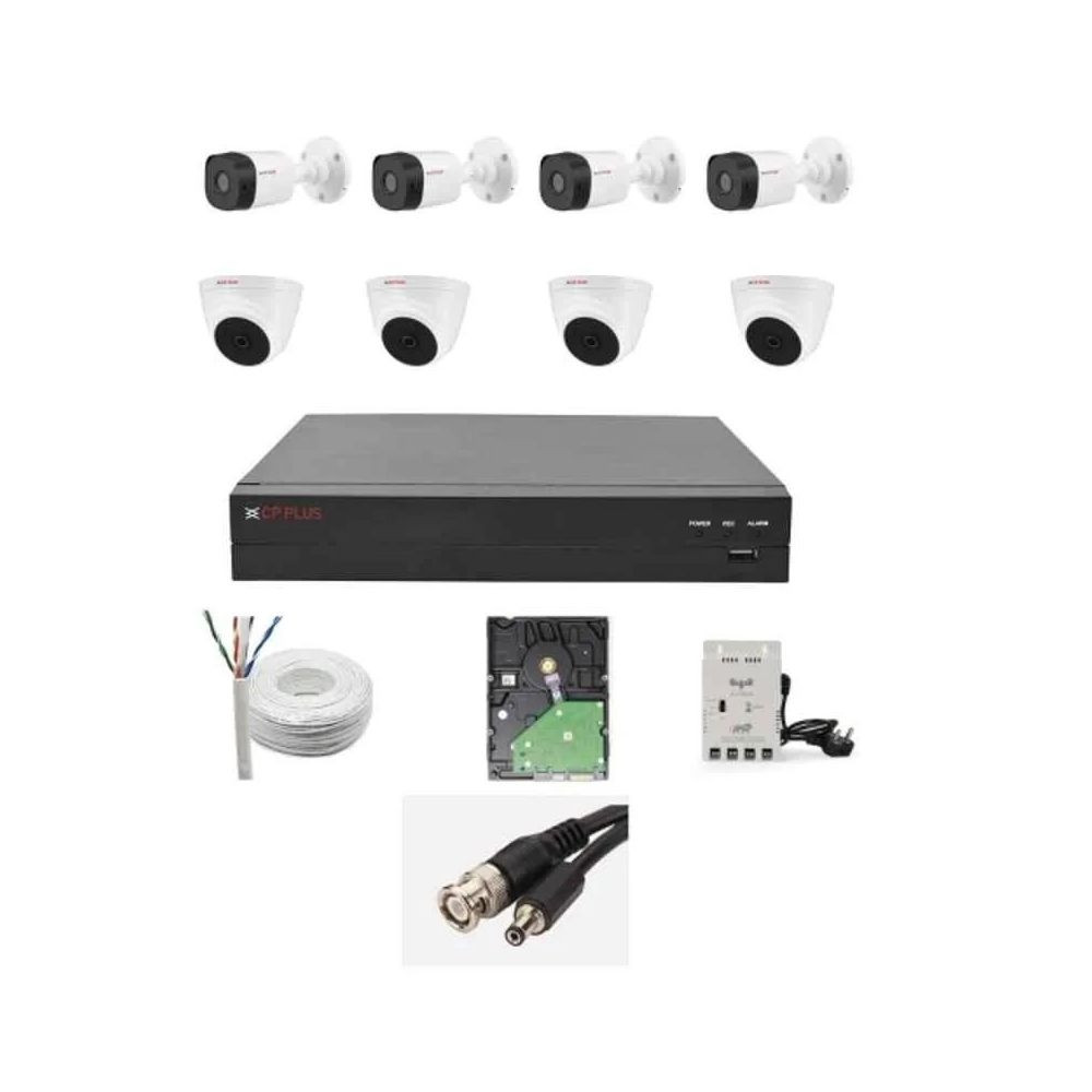 CP Plus 24MP Full HD 8 Channel DVR with Built in Audio MIC 4 Pcs Outdoor 4 Pcs Indoor White Camera 2TB HDD 8 Ch SMPS  CCTV Cable Combo Kit