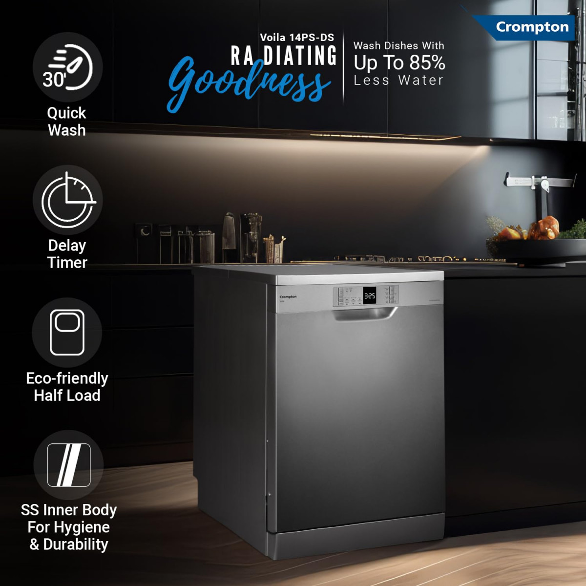 Crompton 14 Place Setting Freestanding Dishwasher with 6 Wash Programs and Super Active Drying System  Energy Saving Dishwasher