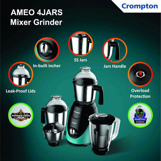 Crompton Ameo 750-Watt Mixer Grinder with MaxiGrind and Motor Vent-X Technology 3 Stainless Steel Jars and 1 Juicer Jar Black  Green AMEO-4JARS