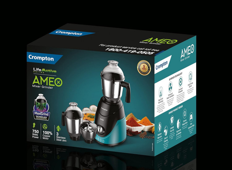 Crompton Ameo 750-Watt Mixer Grinder with MaxiGrind and Motor Vent-X Technology 3 Stainless Steel Jars and 1 Juicer Jar Black  Green AMEO-4JARS