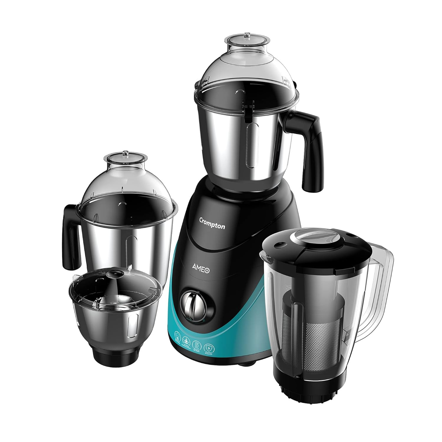 Crompton Ameo 750-Watt Mixer Grinder with MaxiGrind and Motor Vent-X Technology 3 Stainless Steel Jars and 1 Juicer Jar Black  Green AMEO-4JARS