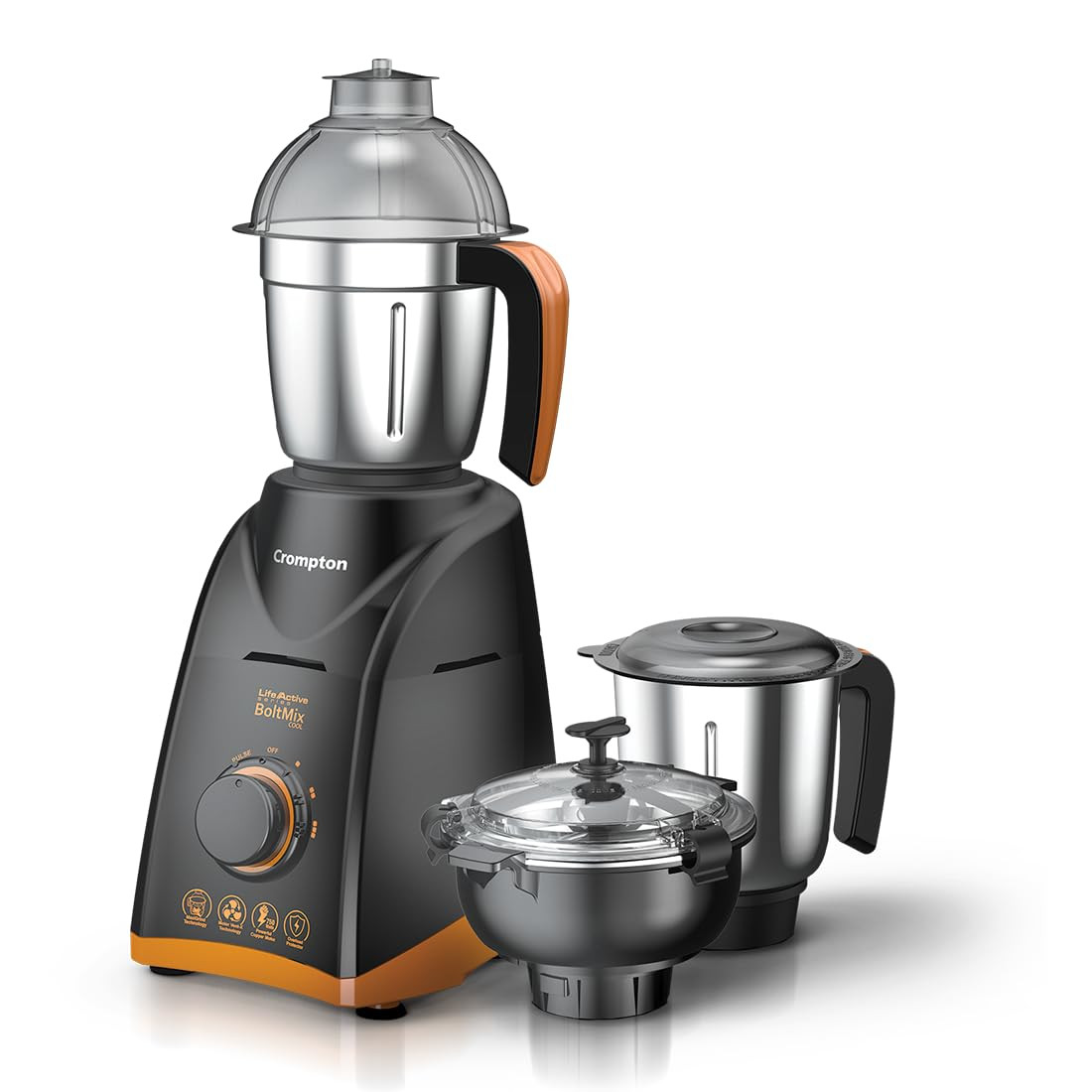 Crompton Boltmix Cool 750 W Mixer grinder with 3 Jars 3 stainless steel Jars Cool Mix Chutney Jar with CasingHeavy Duty Powertron Motor  Motor Vent-X Technology Black