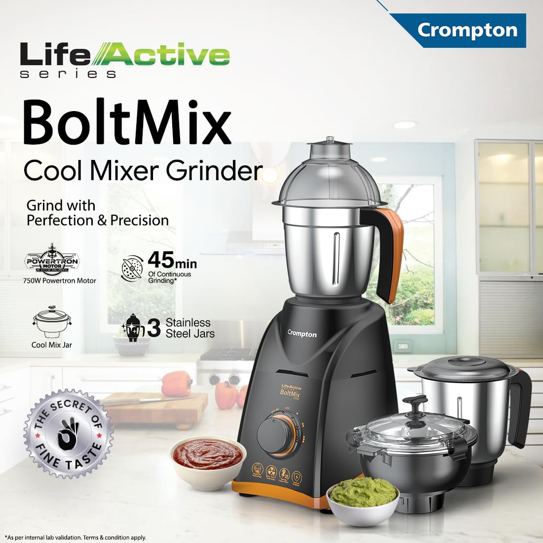 Crompton Boltmix Cool 750 W Mixer grinder with 3 Jars 3 stainless steel Jars Cool Mix Chutney Jar with CasingHeavy Duty Powertron Motor  Motor Vent-X Technology Black