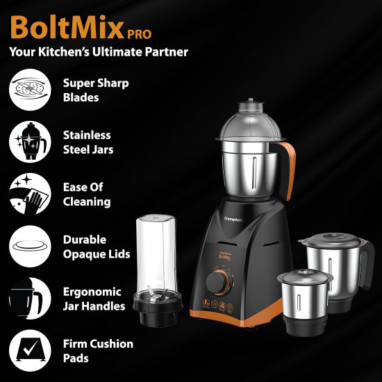 Crompton Boltmix Pro Mixer Grinder  Blender Heavy Duty 750W Powertron Motor 3 Stainless steel Blade 1 unbreakable jar  Motor Vent-X Technology