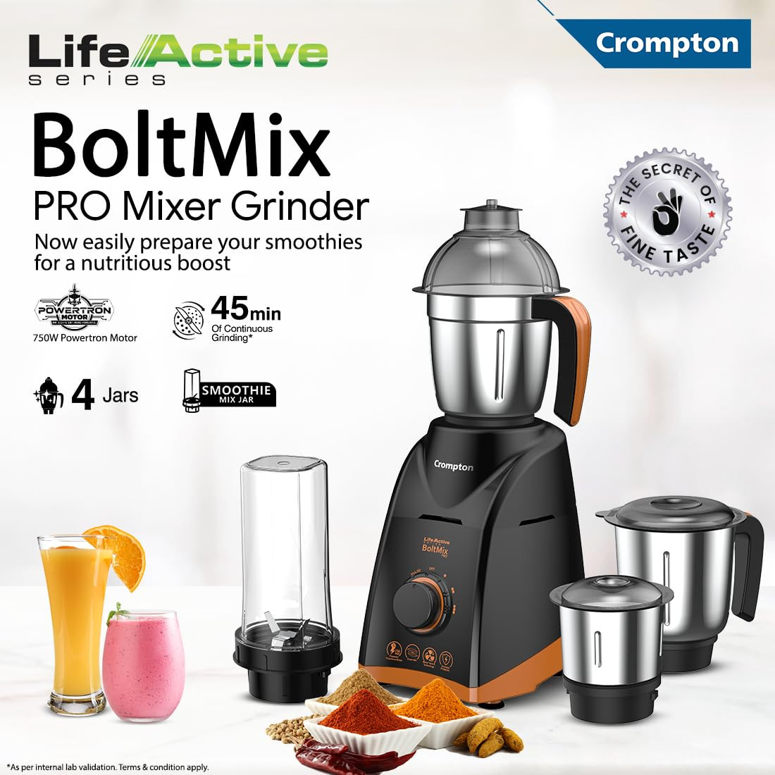 Crompton Boltmix Pro Mixer Grinder  Blender Heavy Duty 750W Powertron Motor 3 Stainless steel Blade 1 unbreakable jar  Motor Vent-X Technology