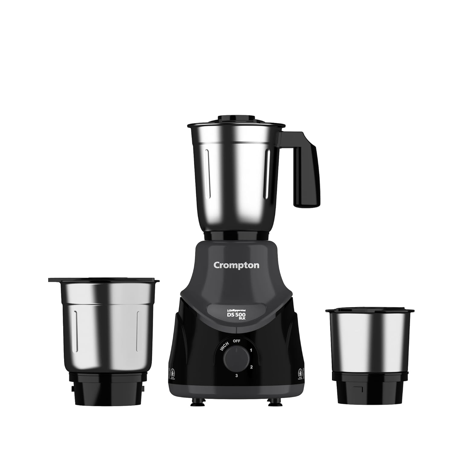 Crompton DS 500 BLK 500-Watt Mixer Grinder with Powertron Motor  Motor Vent-X Technology 3 Stainless Steel Jars Black  Grey