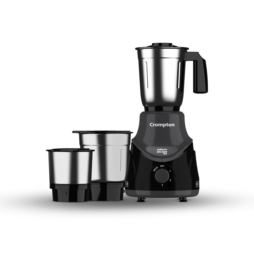 Crompton DS 500 BLK 500-Watt Mixer Grinder with Powertron Motor  Motor Vent-X Technology 3 Stainless Steel Jars Black  Grey