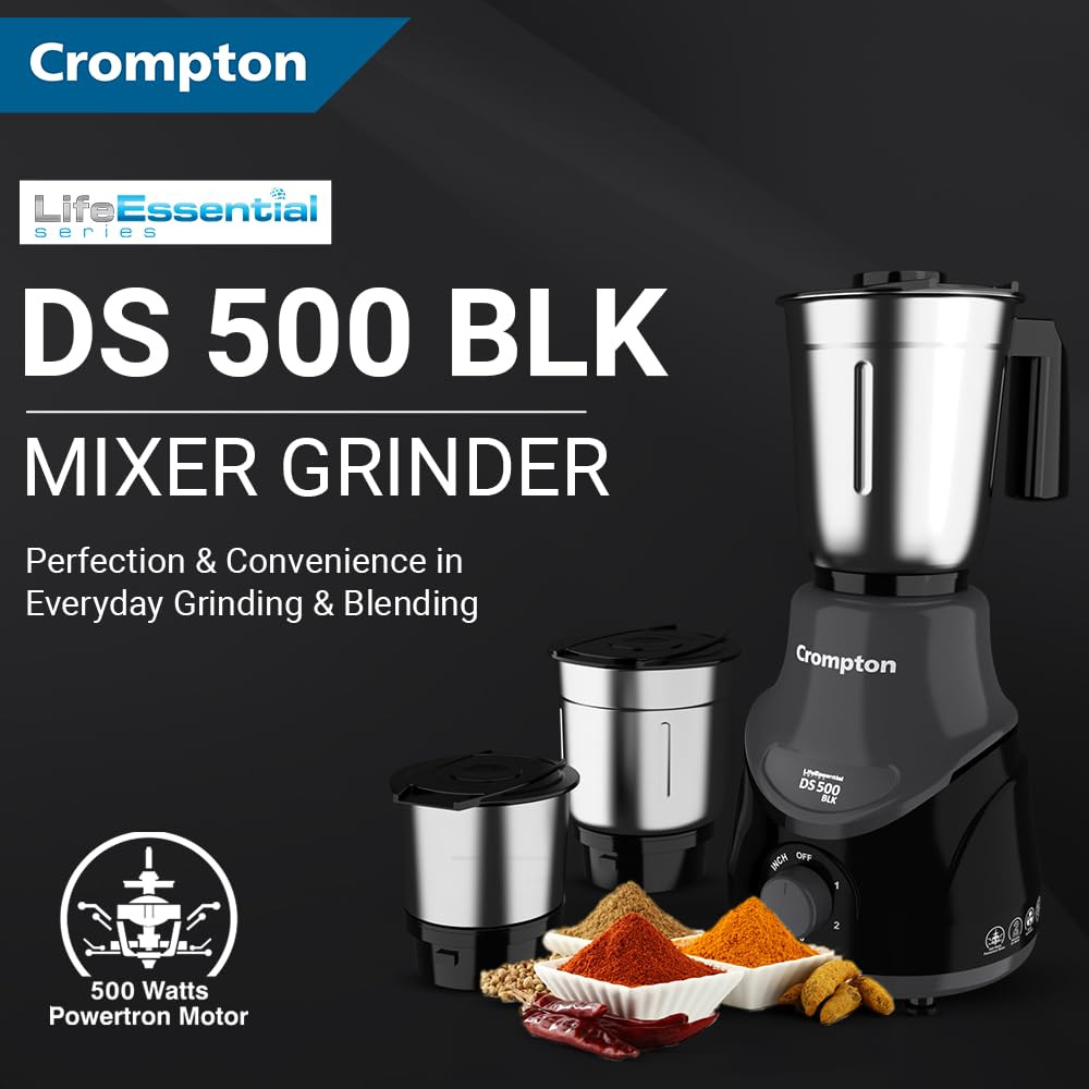 Crompton DS 500 BLK 500-Watt Mixer Grinder with Powertron Motor  Motor Vent-X Technology 3 Stainless Steel Jars Black  Grey