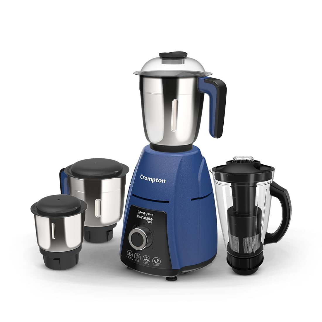 Crompton DuroElite Plus 800 W Mixer grinder with 4 Jars 3 stainless steel Jars 15L Juicer Jar with Fruit Filter Heavy Duty Powertron Motor  Motor Vent-X Technology Blue