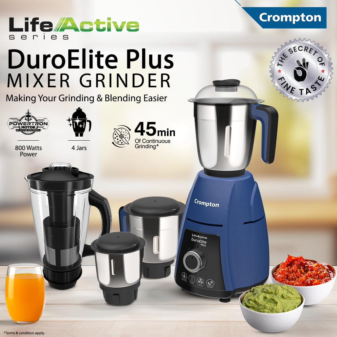 Crompton DuroElite Plus 800 W Mixer grinder with 4 Jars 3 stainless steel Jars 15L Juicer Jar with Fruit Filter Heavy Duty Powertron Motor  Motor Vent-X Technology Blue