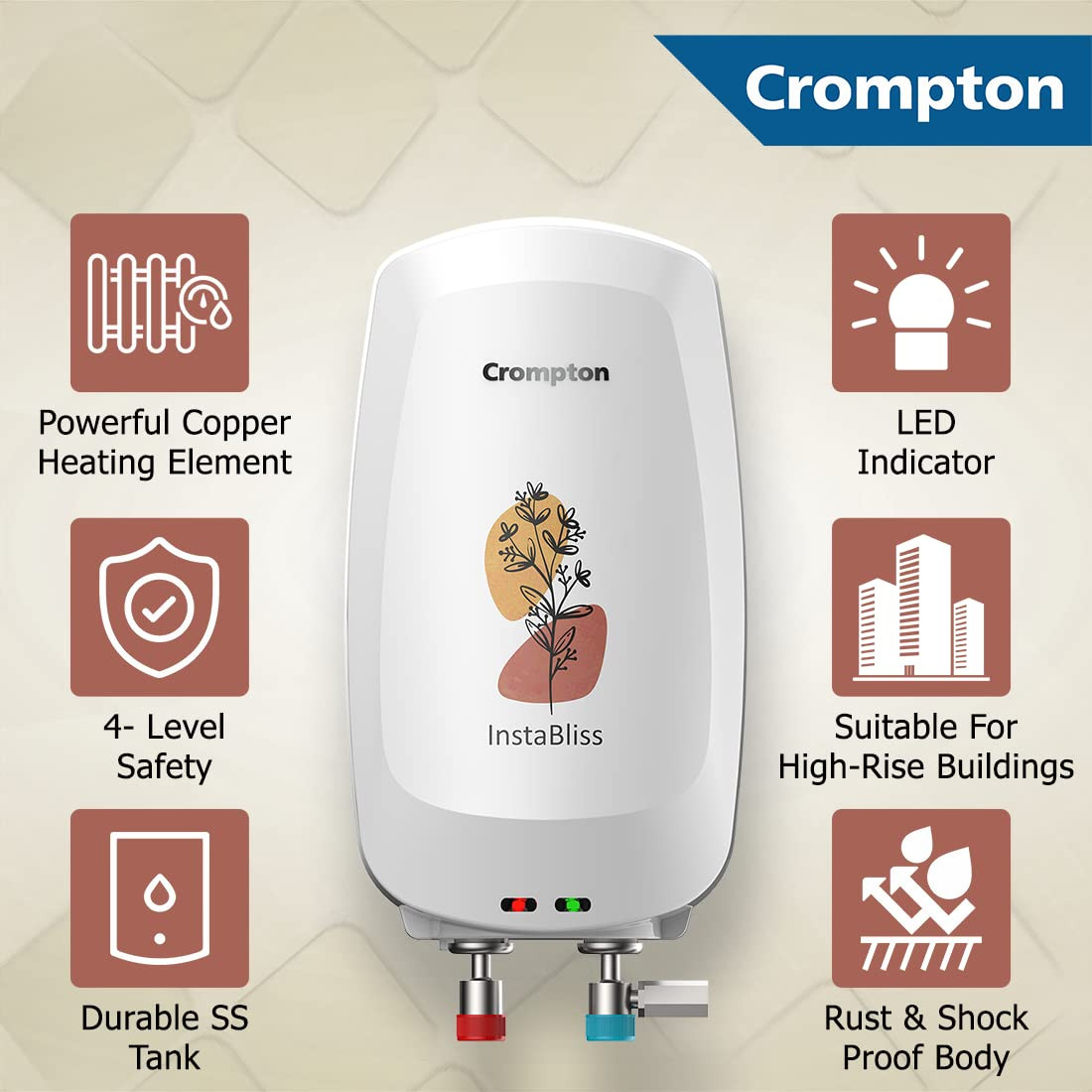 Crompton InstaBliss3L3000-Watts Powerful HeatingElectric Instant Water Heater Geyser for homeHigh Grade SS Tank with Advanced 4 Level SafetyRust-ProofWhiteWall Mounting