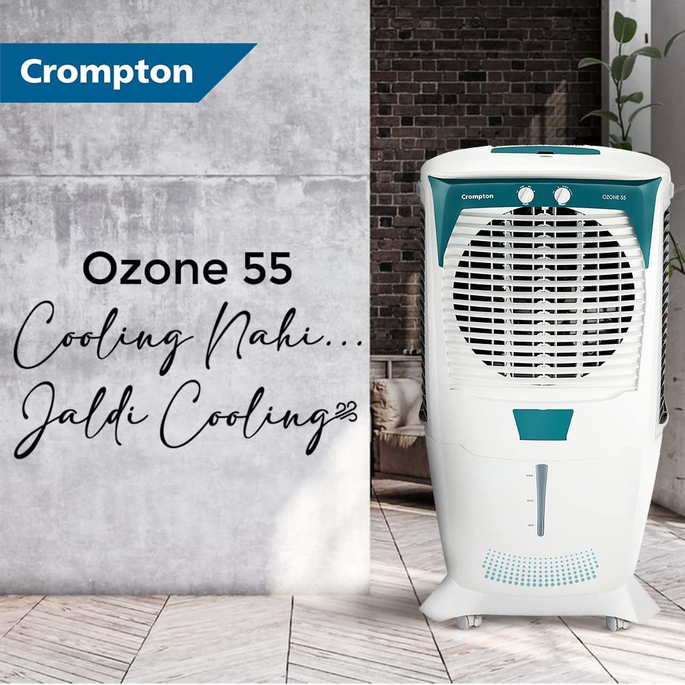 Crompton Ozone Desert Air Cooler- 55L with Everlast Pump Auto Fill 4-Way Air Deflection and High Density Honeycomb pads White  Teal