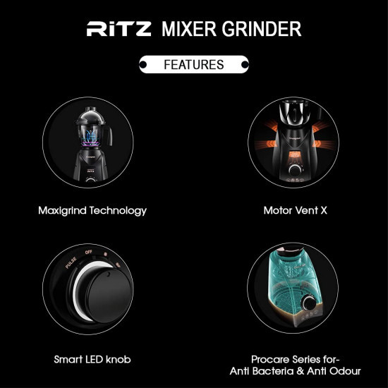 Crompton Ritz 750-Watt Mixer Grinder with Anti-Bacteria  Anti-Odour N9 Plastix Technology 3 Stainless Steel Jars Matte Black ACGM-RITZ