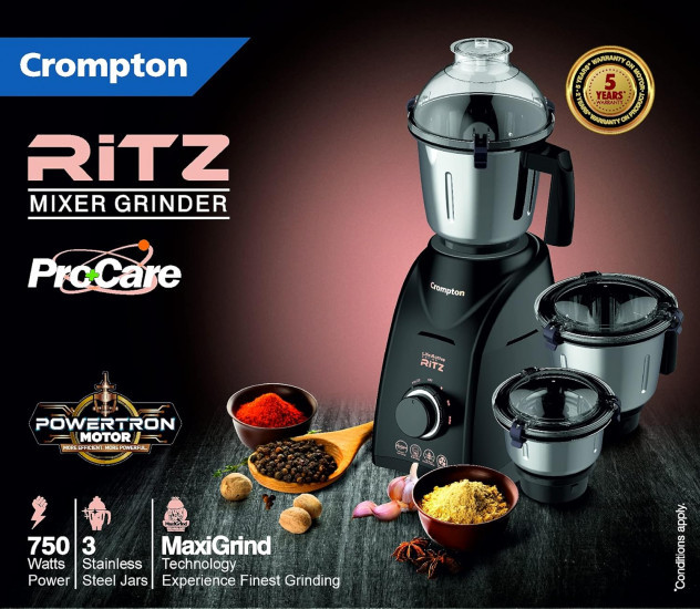 Crompton Ritz 750-Watt Mixer Grinder with Anti-Bacteria  Anti-Odour N9 Plastix Technology 3 Stainless Steel Jars Matte Black ACGM-RITZ