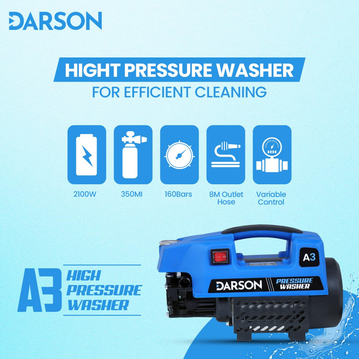 Darson A3 High Pressure Washer Car Washer Machine 2100 Watts 160 Bars 8LMin Flow Rate 8 Meters Outlet Hose Pipe Portable for Car Bike  Home Cleaning