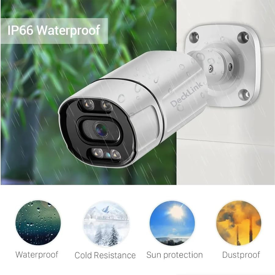 DeckLink 5MP IP CCTV Camera Full Set 8 Bullet Metal Body Camera ColourVu Dual Mode Audio Mic Inbuilt Giga 1000mbps Poe Switch with 2TB Survillance Hard Disk