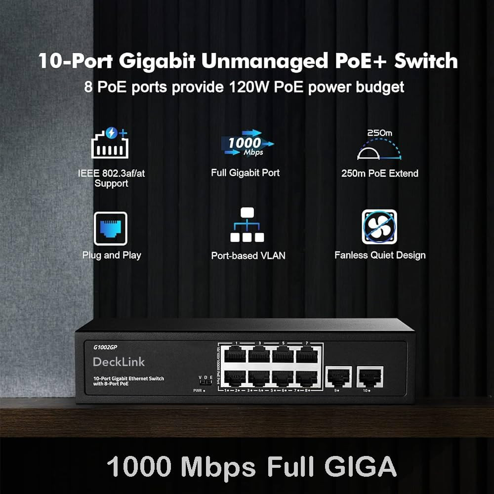 DeckLink 5MP IP CCTV Camera Full Set 8 Bullet Metal Body Camera ColourVu Dual Mode Audio Mic Inbuilt Giga 1000mbps Poe Switch with 2TB Survillance Hard Disk