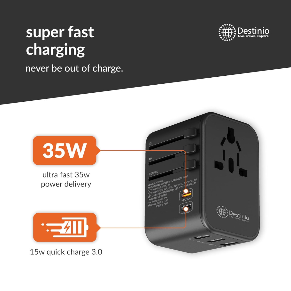 Destinio Universal Travel Adapter - 6-in-1 Fast 35w Charging International Charger with PD Type C  3 USB Ports - All-in-One for US UK Europe - Type C Compatible