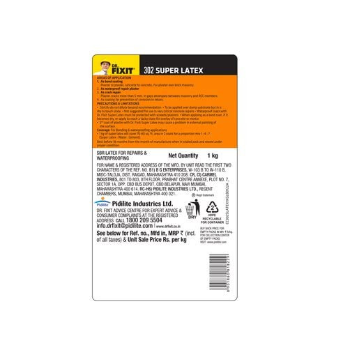 DR FIXIT 302 SBR Latex Super Latex SBR Latex For Waterproofing  Repairs for Roofs TerracesBathrooms Toilets - 1Kg Grey 1Pc Bonds strongly to concrete masonry stone work plasters