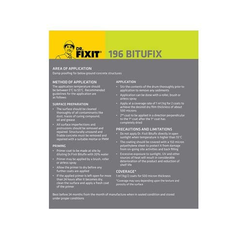 DR FIXIT BITUFIX Below Ground Waterproofing - 20 KG for Damp Proofing course like Footing Masonry Wall Neck Columns and Plinth Beam  DPC Resist Salt Attacks