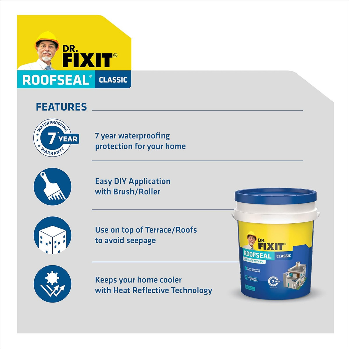 DR FIXIT Roofseal Classic 1 Ltr DIY Waterproofing Repair Solution for Roof Terrace of Homes Stops Seepage Reduces Temperature