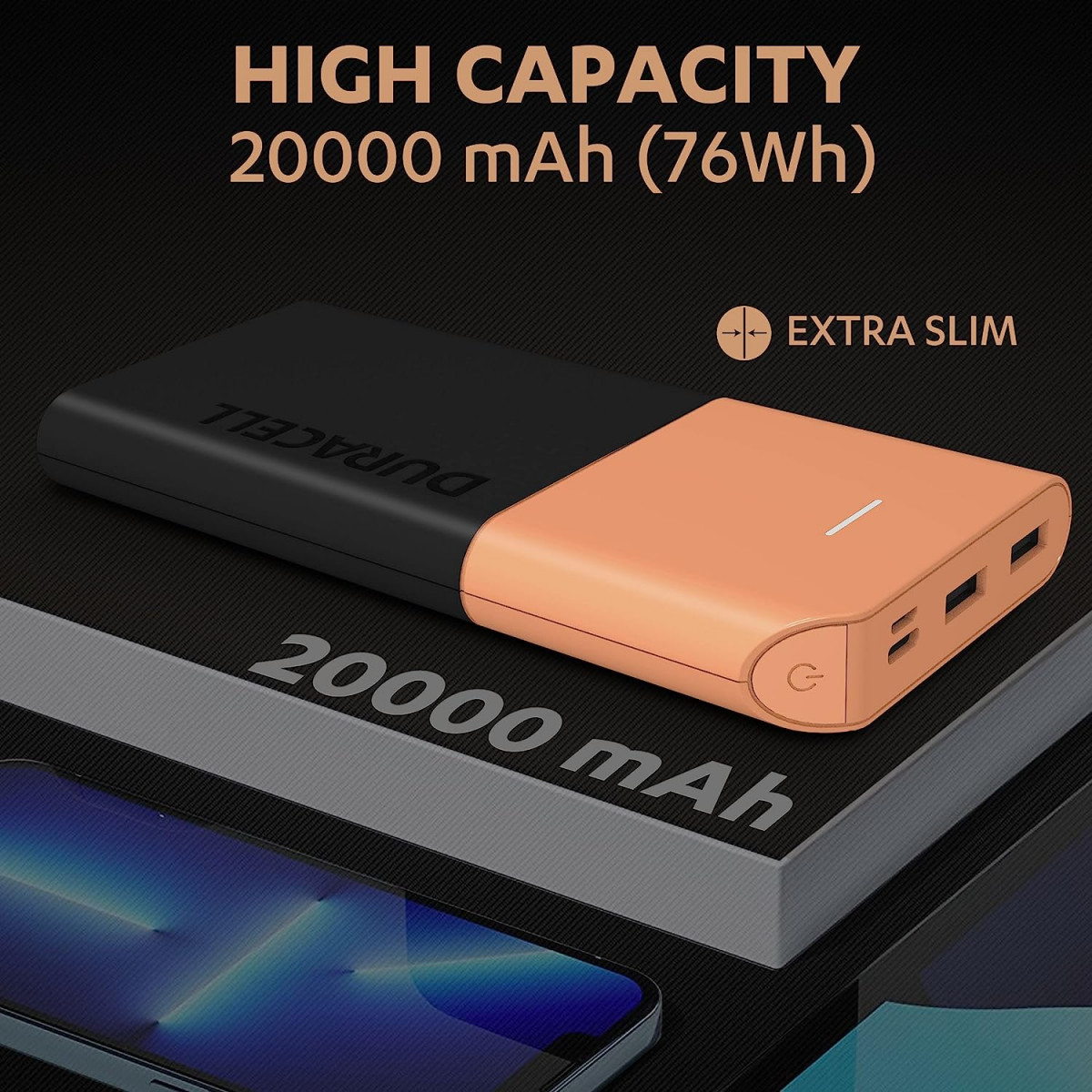 Duracell 20000 MAH Slimmest Power Bank with 1 Type C PD and 2 USB A Port 225W Fast Charging Portable Charger to Charges 3 Devices